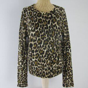J Crew Womens L Brown Beige Cheetah Animal Print Merino Wool Cardigan Sweater